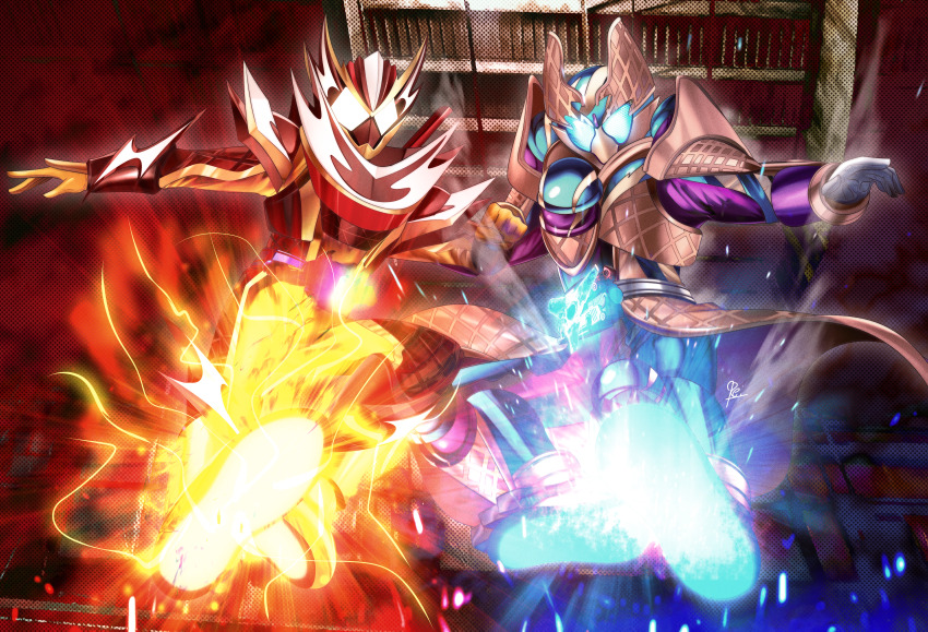 2boys absurdres blue_eyes bodysuit brown_armor flying_kick full_body glowing glowing_eyes highres kamen_rider kamen_rider_gavv kamen_rider_gavv_(blizzardsorbet_form) kamen_rider_gavv_(series) kamen_rider_valen kamen_rider_valen_frappe_custom kicking male_focus multiple_boys otokamu purple_bodysuit red_eyes reiei_8 rider_kick tokusatsu