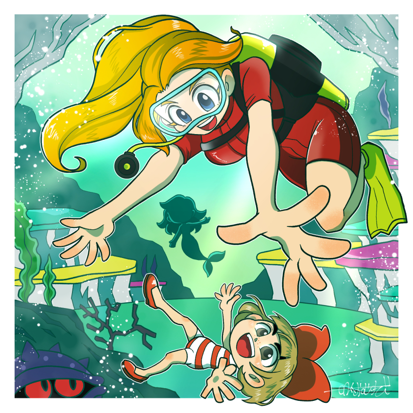3girls blue_eyes bodysuit bow breasts diving_suit hair_bow highres long_hair lulu_(warioware) mermaid mona_(warioware) monster_girl multiple_girls nintendo omu_(sinsindan) one-piece_swimsuit open_mouth orange_hair ponytail red_bow red_wetsuit scuba_gear scuba_tank seaweed swimsuit underwater warioware warioware:_move_it! wetsuit