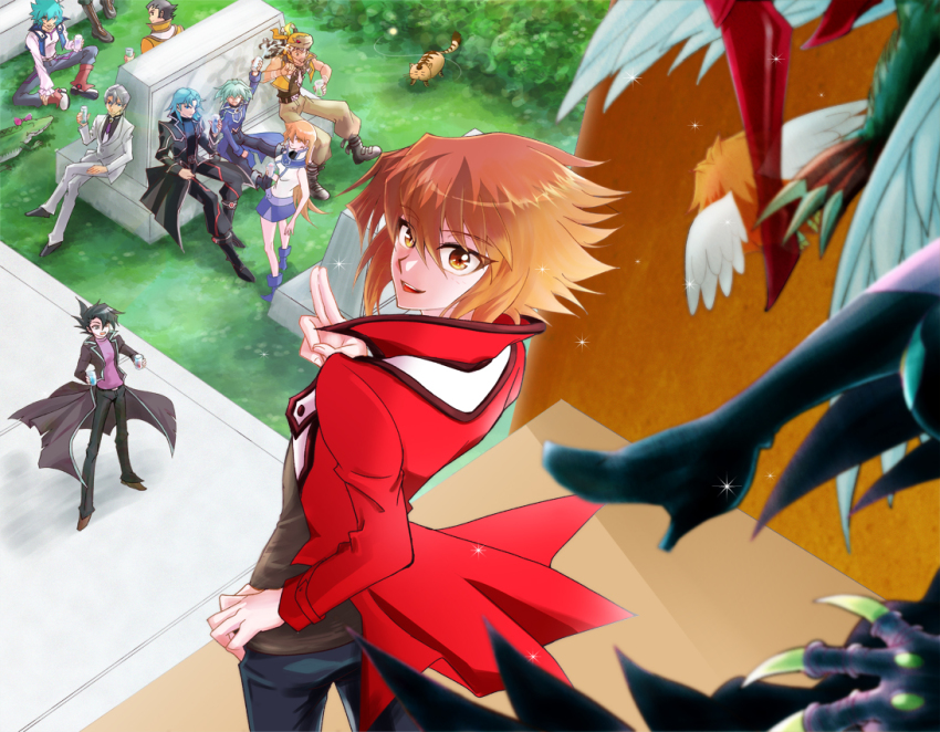1girl 567poru 6+boys :d aqua_hair austin_o&#039;brien bandana black_coat black_pants black_shirt blue_footwear blue_hair blue_pants blue_skirt boots bottle brown_eyes brown_hair brown_pants cat coat crocodile crocodilian crossed_legs duel_academy_uniform_(yu-gi-oh!_gx) edo_phoenix elemental_hero_avian elemental_hero_burstinatrix feathered_wings formal_clothes from_above fujiwara_yuusuke grey_jacket grey_pants hair_between_eyes high_heel_boots high_heels holding holding_bottle jacket jim_crocodile_cook johan_andersen long_hair long_sleeves looking_at_viewer manjoume_jun marufuji_ryo marufuji_sho miniskirt misawa_daichi multiple_boys open_clothes open_jacket open_mouth pants pharaoh_(cat) purple_shirt red_footwear red_jacket shirt silver_hair sitting skirt sleeveless sleeveless_jacket sleeveless_shirt smile sparkle tenjouin_asuka white_shirt white_wings wings yellow_jacket yu-gi-oh! yu-gi-oh!_gx yuki_judai