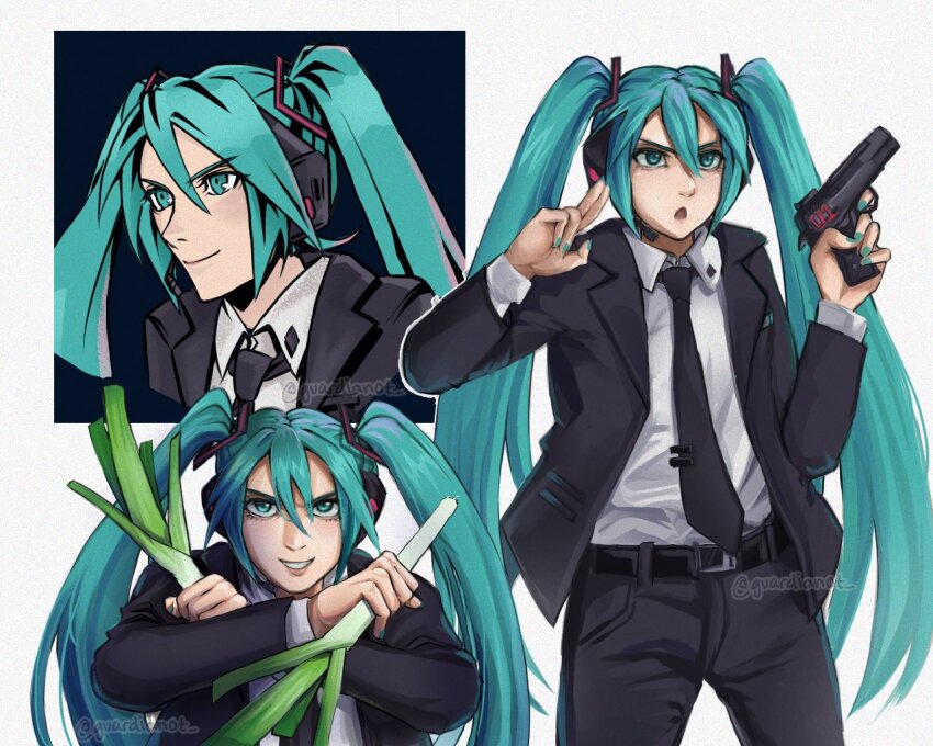 1girl alternate_costume aqua_hair aqua_nails belt black_belt black_jacket black_necktie black_pants black_suit collared_shirt commentary cosplay english_commentary final_fantasy final_fantasy_vii final_fantasy_vii_ever_crisis food formal_clothes grey_background grin guardianot gun handgun hands_up hatsune_miku headphones holding holding_food holding_gun holding_weapon jacket long_hair looking_at_viewer looking_to_the_side multiple_views necktie open_clothes open_jacket pants parody serious shirt smile spring_onion style_parody suit suit_jacket tie_clip turks_(ff7) twintails upper_body very_long_hair vocaloid weapon white_shirt wing_collar