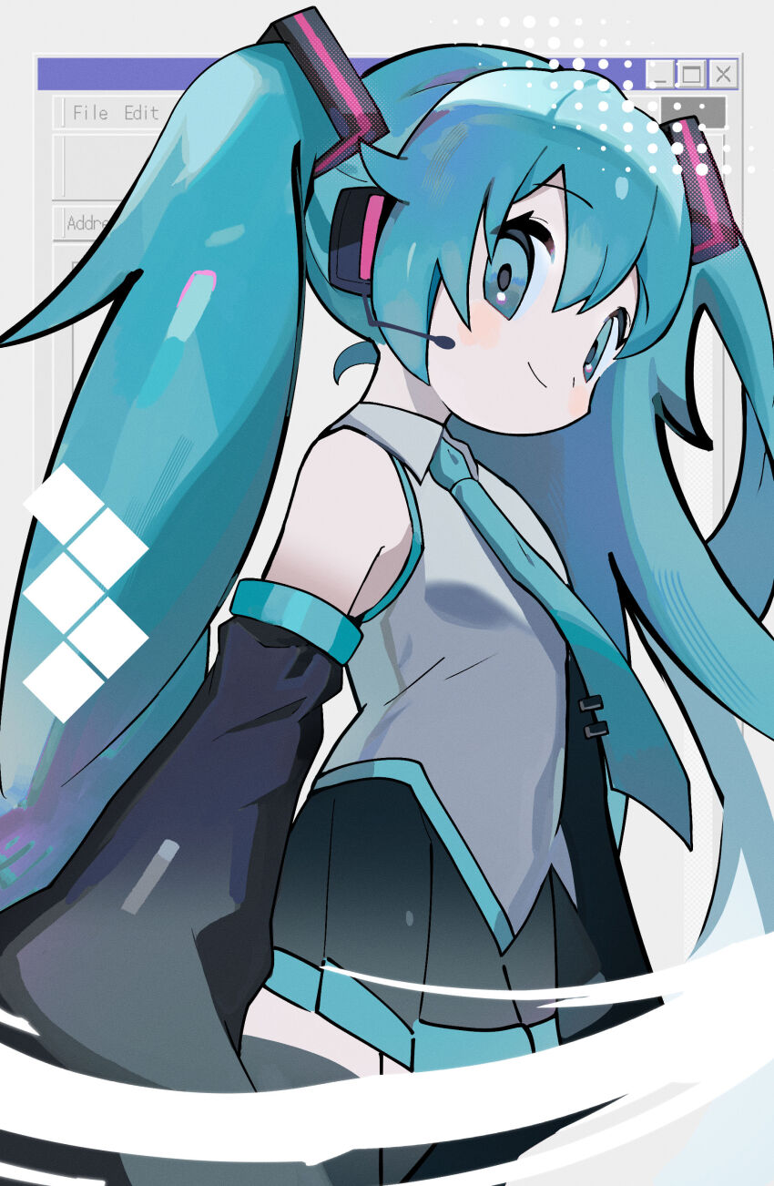 1girl absurdres aqua_eyes aqua_hair aqua_necktie bare_shoulders black_sleeves commentary detached_sleeves from_side grey_shirt halftone hatsune_miku headphones headset highres korean_commentary long_hair microsoft_windows morizo_(morizoshop) necktie shirt solo twintails very_long_hair vocaloid window_(computing) windows_95 windows_classic