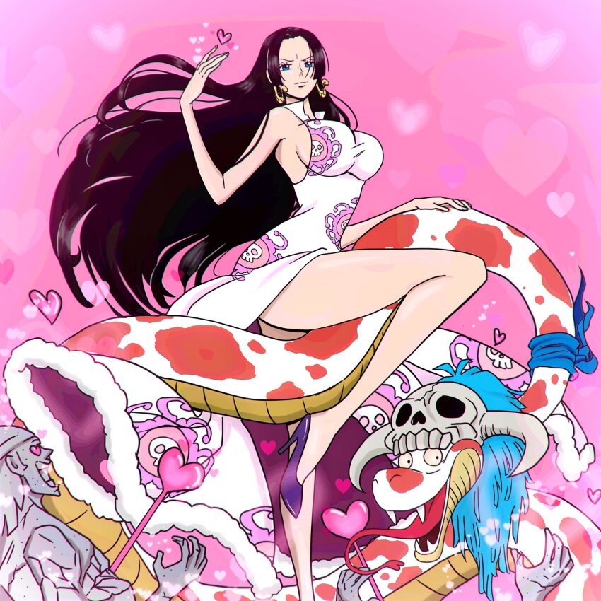 1girl alternate_costume black_hair boa_hancock breasts devil_fruit_power dress earrings heart heart_background high_heels highres kuja_pirates_jolly_roger large_breasts long_hair one_piece rocckart salome_(one_piece) skull_on_head snake_earrings stone thighs very_long_hair white_dress