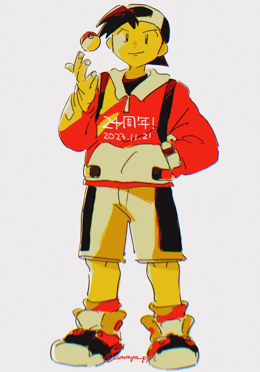 1boy amaya_uw backwards_hat closed_mouth commentary_request ethan_(pokemon) full_body hand_in_pocket hand_up hat highres jacket knees long_sleeves male_focus nintendo poke_ball poke_ball_(basic) pokemon pokemon_gsc shirt shoes short_hair shorts smile socks solo standing twitter_username