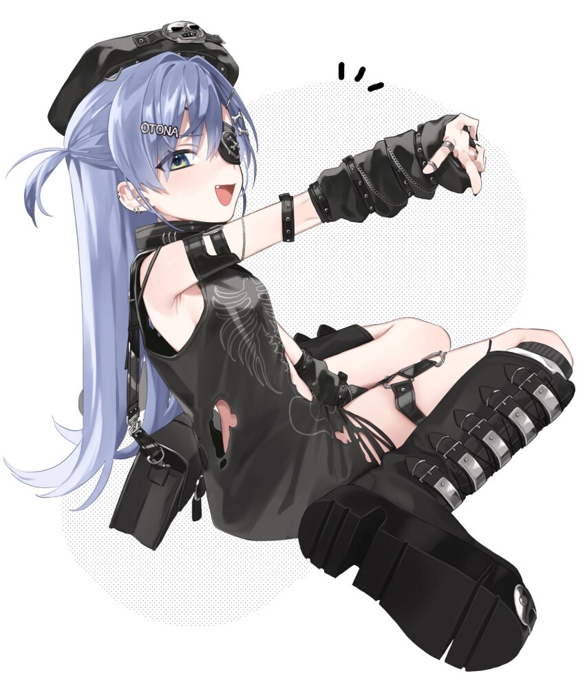 1girl arm_warmers armlet bag belt_boots beret between_legs blue_eyes blue_hair bone_hair_ornament boots breasts eyepatch fang flipped_hair full_body hair_between_eyes hair_intakes hair_ornament hairpin hand_between_legs hat hat_ornament highres jewelry knee_boots long_hair looking_at_viewer multiple_hairpins multiple_rings notice_lines platform_boots riia_(riiakun) ring shoulder_bag sideboob simple_background sitting skeleton_print skull_hat_ornament sleeveless smile solo torn_clothes two_side_up v virtual_youtuber vspo! wariza white_background yano_kuromu