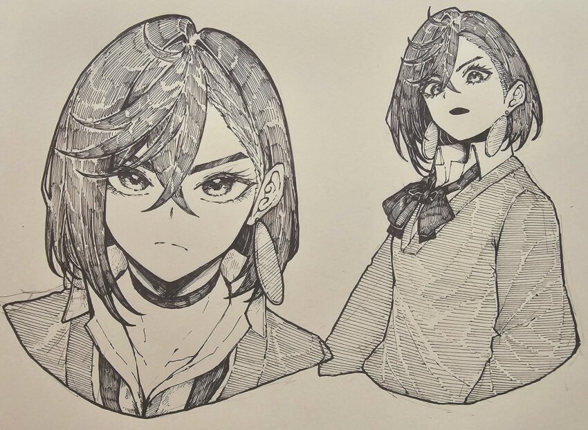 1girl ayase_momo bow bowtie choker closed_mouth collarbone collared_shirt cropped_torso dandadan dress_shirt earrings epeulu_(ate5424) eyelashes greyscale hair_behind_ear hair_between_eyes hashtag-only_commentary highres jewelry long_sleeves looking_at_viewer loose_bowtie marker_(medium) medium_hair monochrome multiple_views open_mouth portrait school_uniform shirt sweatdrop thick_eyebrows traditional_media upper_body