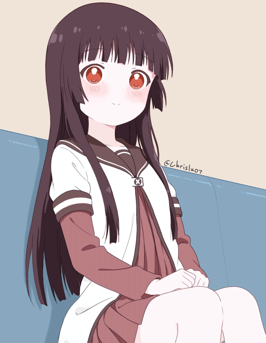 1girl black_hair blush chrislu07 commentary couch english_commentary highres indoors long_hair looking_at_viewer matsumoto_rise nanamori_school_uniform on_couch open_mouth red_eyes school_uniform signature sitting smile solo yuru_yuri