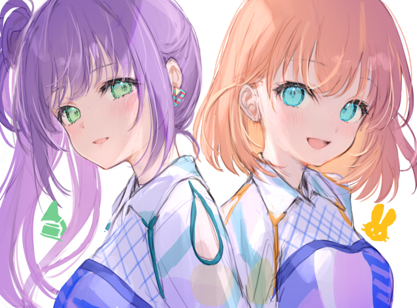 2girls :d blue_dress blue_eyes breasts cerise_bouquet character_logo collared_dress commentary_request dress earrings genyo_yako green_eyes hinoshita_kaho jewelry link!_like!_love_live! lone_nape_hair love_live! medium_breasts medium_hair mignon multicolored_dress multiple_girls official_alternate_costume open_mouth orange_hair otomune_kozue pink_dress purple_dress side_ponytail sidelocks smile triangle_earrings two_side_up upper_body virtual_youtuber