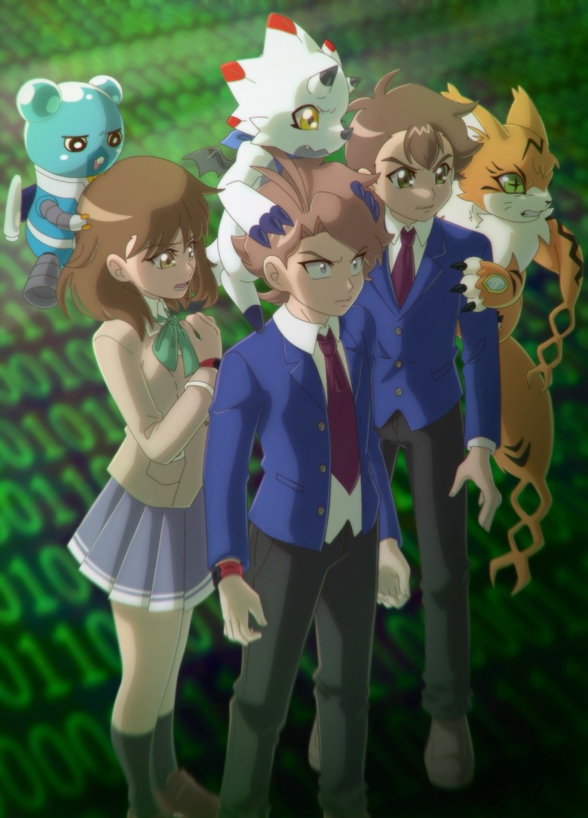 1girl 2boys digimon digimon_(creature) digimon_ghost_game espimon fukatsu_riko gammamon highres meicoomon multiple_boys nomura_kotaro skirt udagawa_aoi