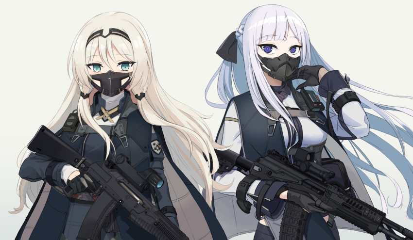 2girls ak-12 ak-12_(girls&#039;_frontline) an-94 an-94_(girls&#039;_frontline) assault_rifle black_gloves blonde_hair braid breasts dlarudgml21 closed_eyes french_braid girls&#039;_frontline gloves green_eyes gun highres holding holding_gun holding_weapon kalashnikov_rifle long_hair long_sleeves magazine_(weapon) mask medium_breasts mouth_mask multiple_girls purple_eyes reflex_sight rifle scope sidelocks sight silver_hair tactical_clothes weapon