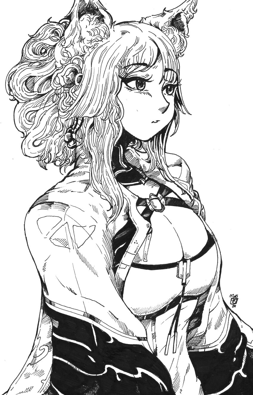1girl 2024 absurdres animal_ears artist_logo breasts chest_harness coat commentary curly_hair dress earrings english_commentary expressionless faux_traditional_media female_focus folded_hair fox_ears fox_girl hairdressing harness highres implied_extra_ears jewelry large_breasts logo long_hair looking_ahead makinidraws monochrome open_clothes open_coat original parted_lips sidelocks simple_background solo turtleneck upper_body white_background wide_sleeves