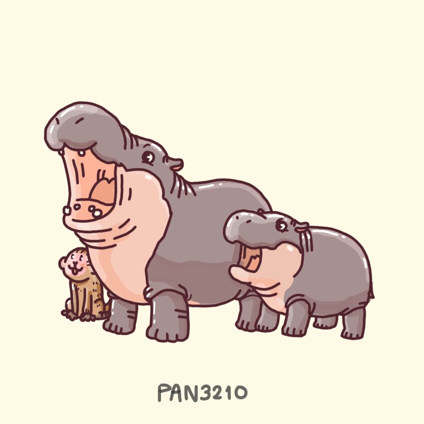 animal_focus artist_name black_eyes commentary highres hippopotamus jonah_(pygmy_hippo) monkey moo_deng no_humans open_mouth pan3210 real_life simple_background symbol-only_commentary yellow_background