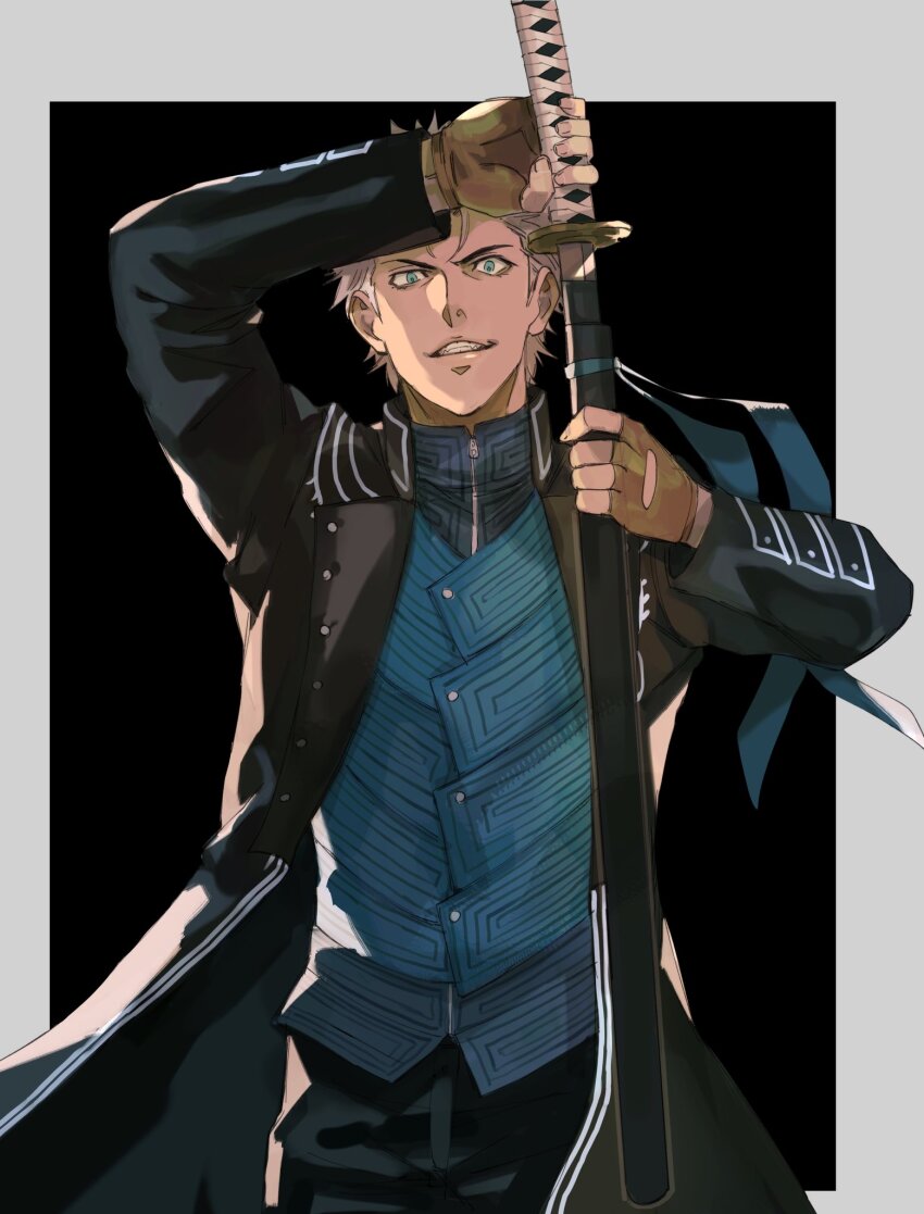 1boy black_background black_coat black_pants blue_eyes blue_vest border brown_gloves buttons coat commentary cowboy_shot devil_may_cry_(series) devil_may_cry_5 english_commentary evil_smile fingerless_gloves gloves grey_hair hands_up highres holding holding_sword holding_weapon lapels long_sleeves looking_at_viewer male_focus open_clothes open_coat outside_border pants short_hair simple_background smile solo standing sword teeth tirtyturtle v-shaped_eyebrows vergil_(devil_may_cry) vest weapon white_border yamato_(sword) zipper