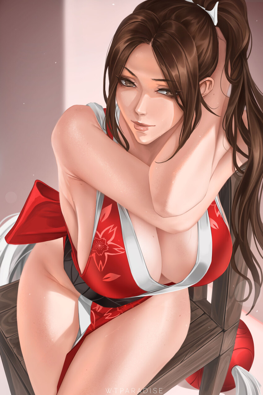 1girl absurdres arms_up breasts brown_eyes brown_hair chair cherry_blossom_print closed_mouth dress fatal_fury floral_print high_ponytail highres japanese_clothes large_breasts lips motoyui obi pelvic_curtain ponytail red_dress sash shiranui_mai sitting solo street_fighter street_fighter_6 the_king_of_fighters thighs tying_hair wtparadise