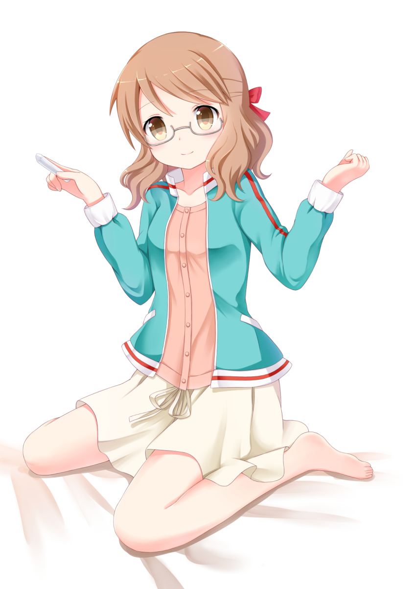 10s 1girl brown_eyes brown_hair glasses highres jacket karasuma_sakura kin-iro_mosaic shirt sitting smile yuyumi_(yuurei)