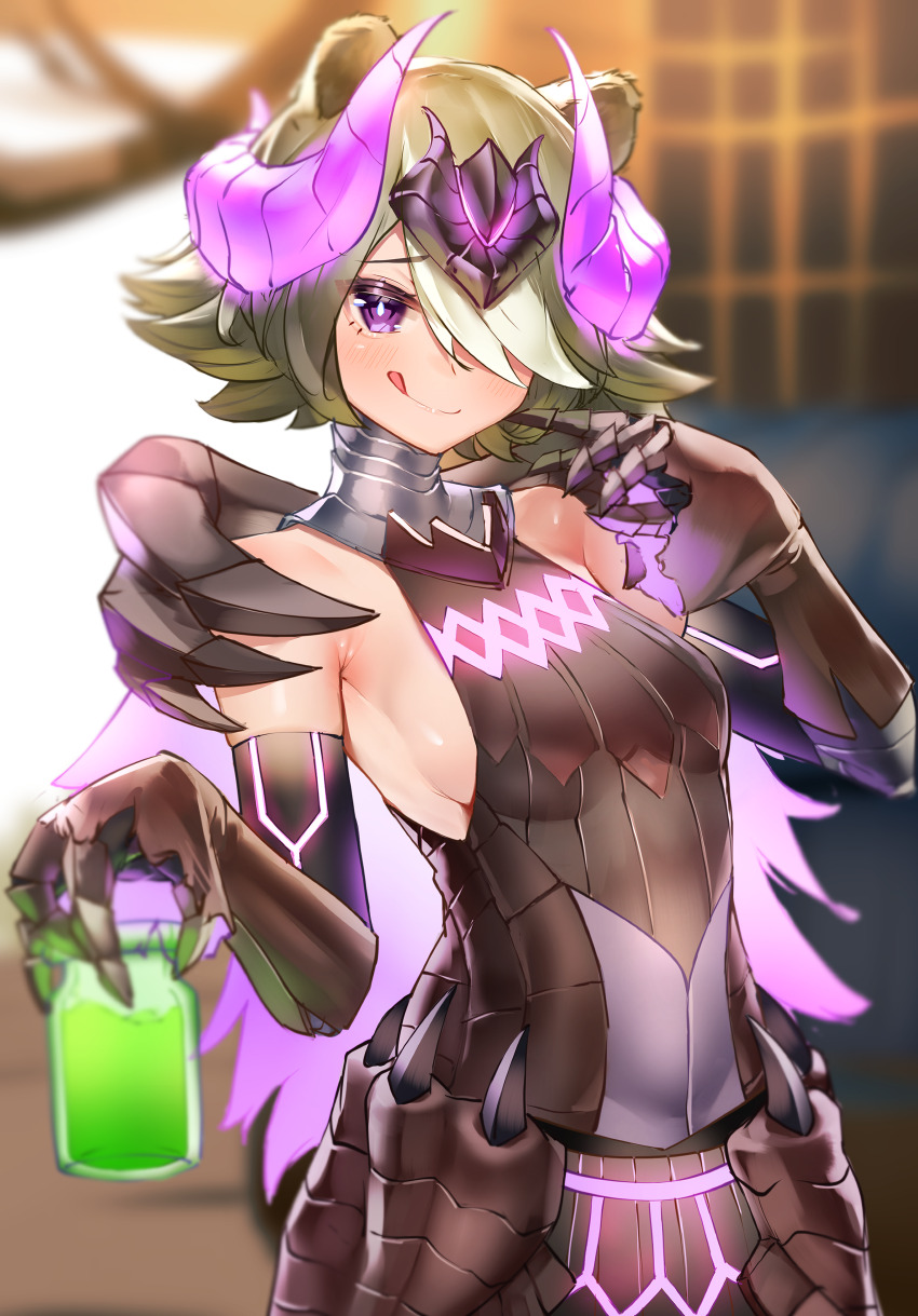 1girl absurdres animal_ears arknights bare_shoulders bear_ears beehunter_(arknights) blush breasts bright_pupils commentary_request cosplay_request green_hair highres holding holding_jar horns jar kirigirisu1221 licking_lips purple_eyes sideboob small_breasts solo tongue tongue_out white_pupils