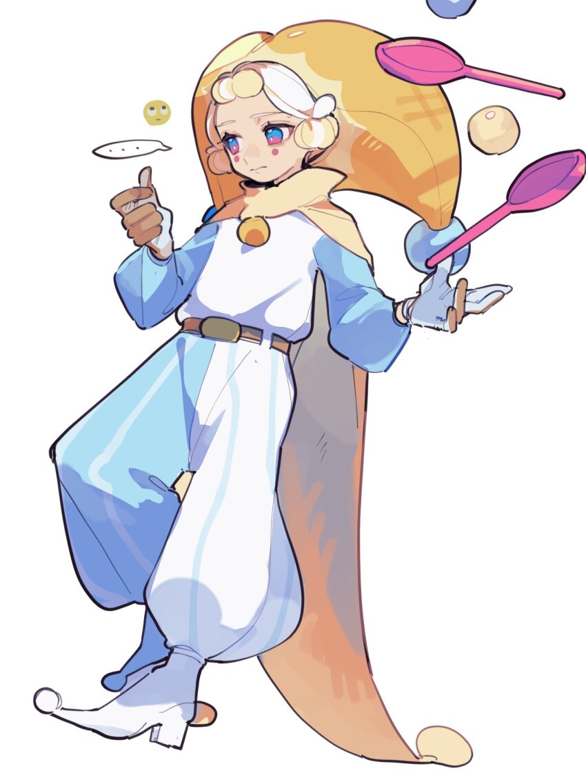 ... 1girl asymmetrical_footwear belt blonde_hair blue_boots blue_eyes boots brown_belt brown_gloves capelet circle_facial_mark closed_mouth cookie_run cookie_run:_ovenbreak flat_chest frown full_body gloves hands_up hat hat_bell high_heel_boots high_heels highres ice_juggler_cookie jester jumpsuit looking_to_the_side mismatched_footwear multicolored_eyes multicolored_hair pink_eyes puffy_pants short_hair sideways_glance simple_background solo spoken_ellipsis spoon streaked_hair two-tone_eyes two-tone_gloves two-tone_hair urolo white_background white_boots white_gloves white_hair white_jumpsuit yellow_capelet yellow_hat