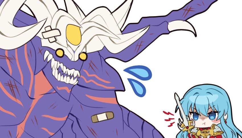 1girl 1other aqua_eyes aqua_hair armor bandaid bandaid_on_arm breastplate chibi demon demon_horns earrings eirika_(fire_emblem) fire_emblem fire_emblem:_the_sacred_stones fire_emblem_heroes flying_sweatdrops fomortiis_(fire_emblem) holding holding_sword holding_weapon horns jewelry long_hair looking_at_another maji_(majibomber) nintendo pout sharp_teeth shoulder_armor sidelocks sword teeth upper_body weapon white_background