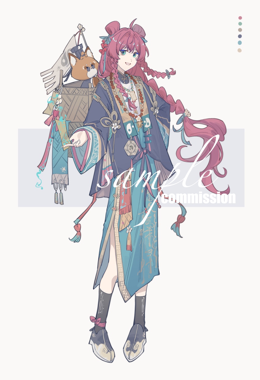 1girl absurdres ahoge animal animal_on_shoulder bad_source beizi_(clothing) black_socks blue_eyes braid chinese_clothes dog double_bun english_text full_body green_eyes hair_bun hair_ornament hand_on_own_hip hanfu highres jewelry long_hair long_sleeves looking_at_viewer low-braided_long_hair low-tied_long_hair necklace open_mouth pearl_necklace red_hair ribbon shoes simple_background smile socks solo standing tassel twin_braids very_long_hair white_background wide_sleeves yi1ling0
