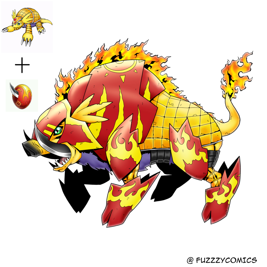 armadimon armor boarmon colored_skin crests_(digimon) digimental digimental_of_courage digimon digimon_(creature) fire fuzzzycomics green_eyes highres oridigi original tail twitter_username yellow_skin