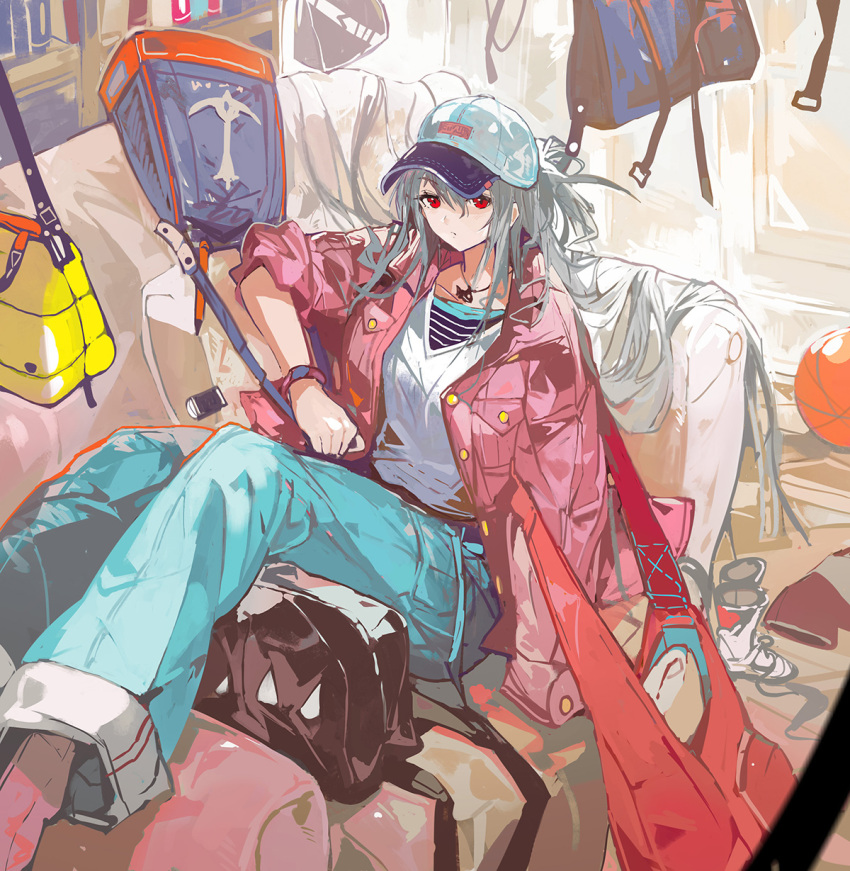 1girl alchemaniac alternate_costume aqua_pants arknights bag ball baseball_cap basketball_(object) black_bag black_hat blue_bag bookshelf bracelet closed_mouth couch expressionless foot_out_of_frame grey_hair hair_between_eyes hat highres indoors jacket jewelry long_hair long_sleeves necklace on_couch open_clothes open_jacket orca pants pink_jacket red_bag red_eyes shirt skadi_(arknights) solo two-tone_headwear very_long_hair white_footwear white_hat white_shirt yellow_bag