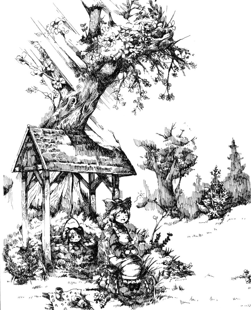 2girls blush bow bucket closed_eyes commentary_request cup dress greyscale hair_bobbles hair_bow hair_ornament highres holding holding_cup in_bucket in_container kisume kurodani_yamame monochrome multiple_girls open_mouth outdoors pinafore_dress sitting sleeveless sleeveless_dress smile steam touhou tree twintails well yamame_jinja yunomi