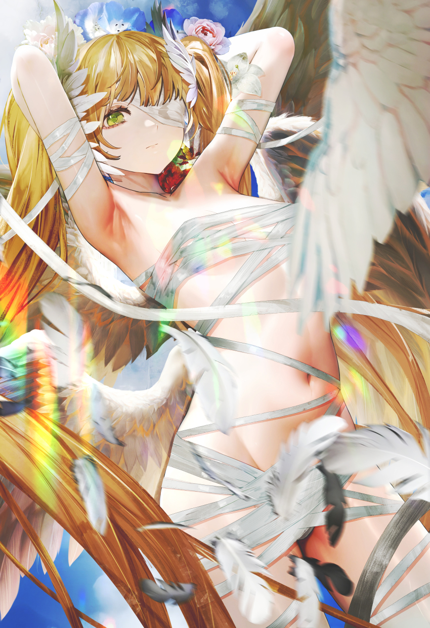 1girl absurdres armpits arms_up bandage_over_one_eye bandages blonde_hair breasts chinese_commentary closed_mouth commentary_request falling_feathers feathers green_eyes highres jin_sumire long_hair medium_breasts naked_bandage navel original solo twintails