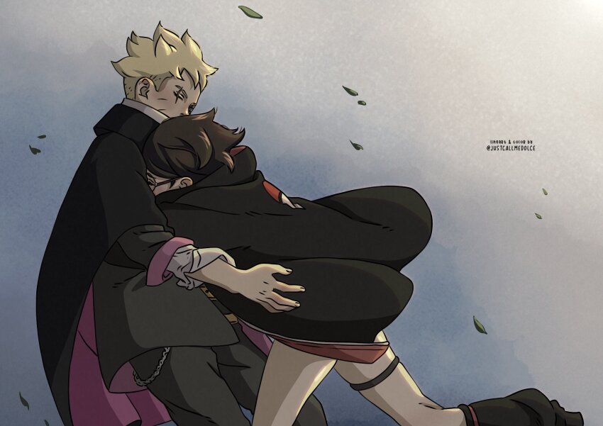 1boy 1girl black_cape black_hair black_jacket black_pants black_socks blonde_hair blue_eyes boruto:_two_blue_vortex cape chain closed_eyes comic_panel_redraw commentary derivative_work english_commentary glasses highres hug jacket justcallmedolce leaf loose_socks naruto_(series) one_eye_closed pants scar scar_across_eye scar_on_face socks thigh_strap two-sided_cape two-sided_fabric uchiha_sarada uchiha_symbol undercut uzumaki_boruto