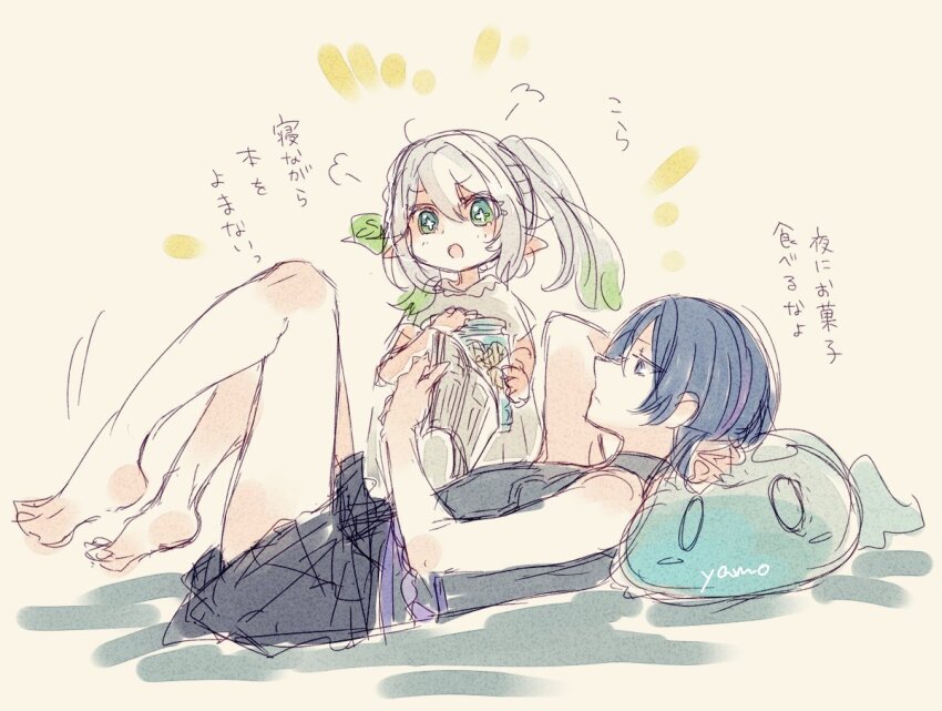 1boy 1girl ahoge alternate_costume anemo_slime_(genshin_impact) arm_behind_head bare_shoulders barefoot belt black_bodysuit black_eyes black_hair black_shorts blunt_ends bodysuit book closed_mouth cross-shaped_pupils expressionless from_side genshin_impact gradient_hair green_eyes green_hair hair_ornament head_on_pillow holding holding_book holding_jar jar knee_up leaf leaf_hair_ornament light_blush looking_down lying multicolored_hair nahida_(genshin_impact) on_back open_mouth pillow purple_belt purple_rope reading rope scaramouche_(genshin_impact) short_eyebrows short_sleeves shorts shorts_rolled_up side_ponytail sidelocks sketch sleepwear sleeveless sleeveless_bodysuit slime_(genshin_impact) symbol-shaped_pupils translation_request turtleneck turtleneck_bodysuit v-shaped_eyebrows wanderer_(genshin_impact) white_background white_hair yamo_(sky2world)