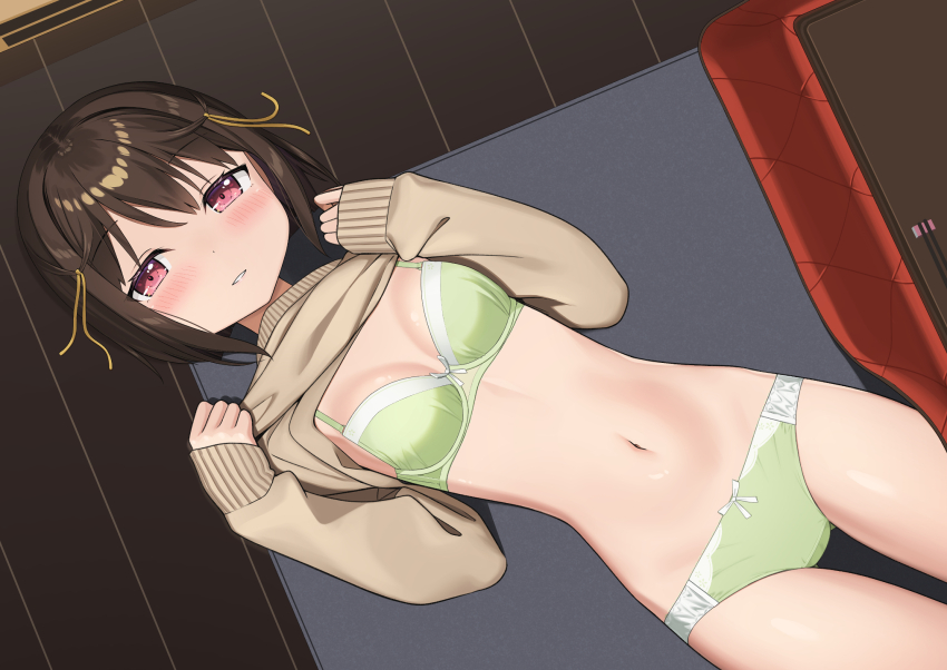 1girl apollo_(hu_maple) blush bow bow_bra bow_panties bra breasts brown_hair brown_sweater green_bra green_panties hair_ornament highres kotatsu lying navel original panties red_eyes sweater table underwear undressing