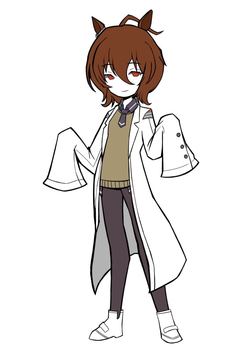 1girl agnes_tachyon_(umamusume) ahoge animal_ears brown_hair drawofficemvp earrings employee_(project_moon) hair_between_eyes highres horse_ears horse_girl jewelry lab_coat lobotomy_corporation long_sleeves looking_at_viewer medium_hair necktie nugget_(project_moon) pantyhose project_moon red_eyes shirt short_necktie single_earring sleeves_past_fingers sleeves_past_wrists smile solo sweater umamusume yellow_sweater