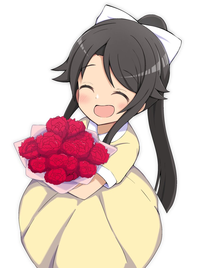 1girl ^_^ absurdres aged_down black_hair bouquet bow closed_eyes dress flower hair_bow high_school_fleet highres holding holding_bouquet long_dress long_hair midorima_bocchi munetani_mashiro open_mouth ponytail red_flower red_rose rose simple_background solo