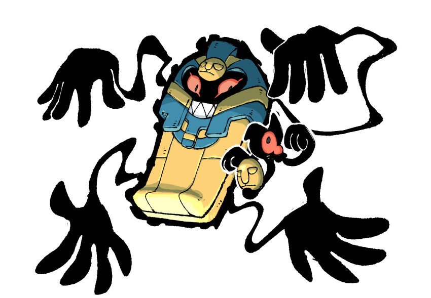 aura cofagrigus commentary dark_aura english_commentary evolutionary_line extra_arms full_body gen_5_pokemon ghost grin highres holding holding_mask looking_at_another mask nintendo no_humans pokemon pokemon_(creature) pokemon_focus pr_quote red_eyes sarcophagus sharp_teeth simple_background smile teeth white_background yamask