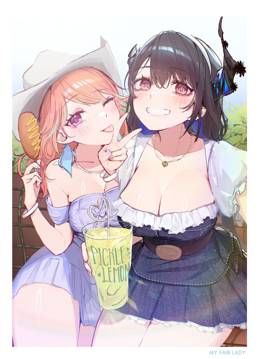 2girls ;p absurdres black_hair blue_hair breasts cauli corn_dog crazy_straw cup demon_horns disposable_cup dress drinking_straw earrings feather_earrings feathers hat highres holding holding_cup hololive hololive_english horns jewelry large_breasts looking_at_viewer medium_breasts multicolored_hair multiple_girls nerissa_ravencroft one_eye_closed orange_hair purple_eyes red_eyes short_dress sitting takanashi_kiara teeth tongue tongue_out two-tone_hair virtual_youtuber white_hat