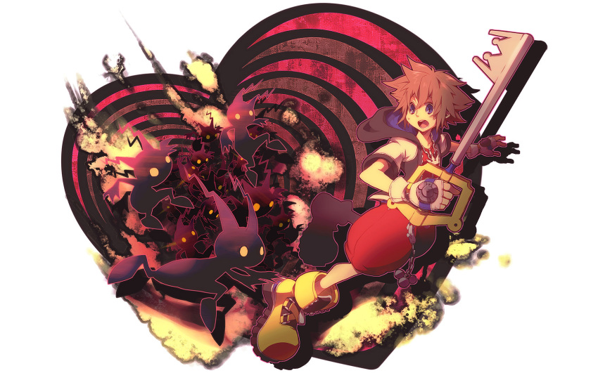 1boy bad_id blue_eyes brown_hair chasing dark-skinned_male dark_skin gloves heartless highres hood hoodie keyblade kingdom_hearts male_focus open_mouth shadow_(kingdom_hearts) shoes short_hair sora_(kingdom_hearts) tore tore_(ksg666xxx) yellow_eyes