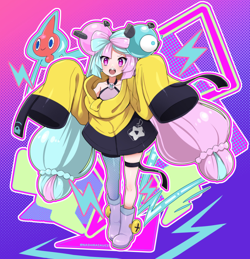1girl black_shorts blush boots character_hair_ornament collarbone commentary_request creatures_(company) full_body game_freak gen_4_pokemon green_hair hair_ornament hands_up highres iono_(pokemon) jacket knees long_hair long_sleeves looking_at_viewer low-tied_long_hair nashirasauce nintendo open_mouth outline pokemon pokemon_(creature) pokemon_sv purple_boots purple_eyes purple_hair purple_shirt rotom rotom_(normal) sharp_teeth shirt shorts single_leg_pantyhose sleeveless sleeveless_shirt sleeves_past_fingers sleeves_past_wrists solo star-shaped_pupils star_(symbol) symbol-shaped_pupils teeth thigh_strap tongue twintails upper_teeth_only yellow_jacket