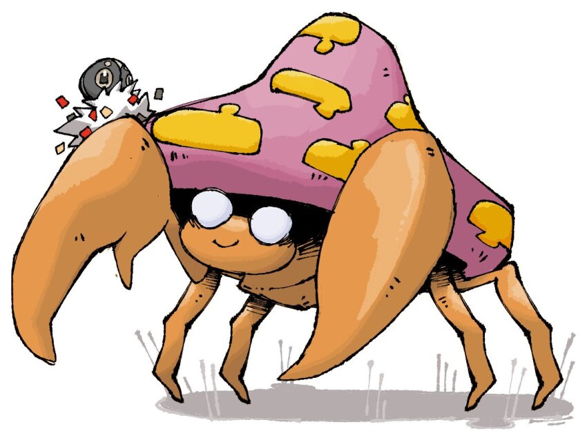 blank_eyes bug closed_mouth commentary crab english_commentary full_body game_freak gen_1_pokemon gen_6_pokemon mushroom nintendo no_humans parasect pokemon pokemon_(creature) pokemon_focus pr_quote shadow simple_background smile spewpa standing white_background yellow_eyes