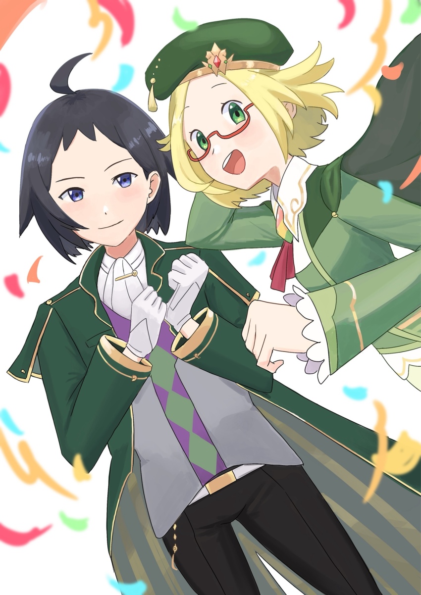 1boy 1girl adjusting_clothes adjusting_gloves ahoge bianca_(champion)_(pokemon) bianca_(pokemon) black_hair blonde_hair blue_eyes cape cheren_(champion)_(pokemon) cheren_(pokemon) confetti dutch_angle gloves green_cape green_eyes green_hat hat highres huhuhu_(yakiimoumai) looking_at_viewer nintendo official_alternate_costume open_mouth pokemon pokemon_masters_ex red-framed_eyewear semi-rimless_eyewear white_gloves