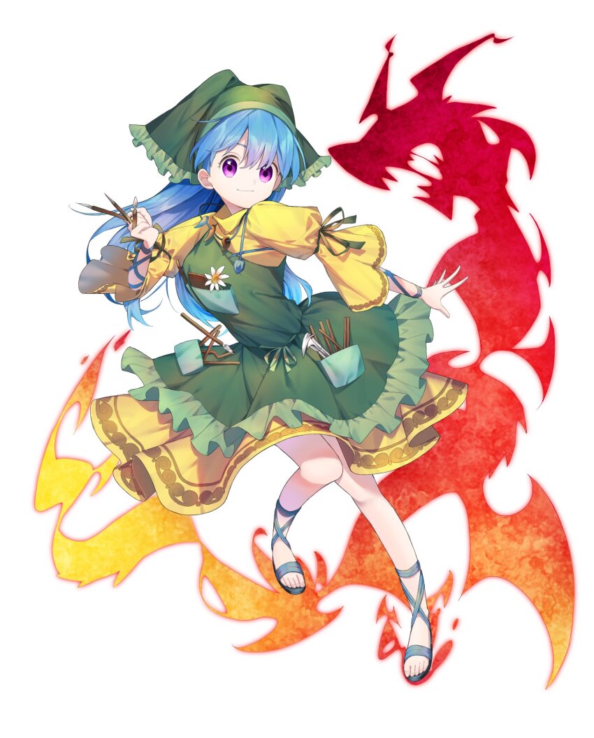 1girl apron arm_ribbon between_fingers blue_hair blue_sandals closed_mouth dress energy flower frills full_body green_apron green_headscarf green_ribbon hair_between_eyes hammer hand_up haniyasushin_keiki headscarf highres holding holding_tool jewelry keiki8296 leaf leg_ribbon long_hair looking_at_viewer magatama magatama_necklace necklace pocket puffy_short_sleeves puffy_sleeves purple_eyes ribbon sandals short_sleeves simple_background smile solo touhou turtleneck turtleneck_dress white_background white_flower wood_carving_tool yellow_dress