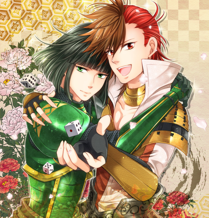 2boys :d :| arms_around_neck black_gloves blunt_bangs blunt_ends brown_hair camellia checkered_background closed_mouth dice fingerless_gloves flower gloves green_eyes green_hair hair_slicked_back hand_on_another&#039;s_shoulder highres hug looking_at_viewer male_focus multicolored_hair multiple_boys open_mouth pectoral_cleavage pectorals red_eyes red_hair sengoku_basara shibata_katsuie_(sengoku_basara) shima_sakon_(sengoku_basara) smile two-tone_hair upper_body warabi_(waradoko) yaoi yellow_background
