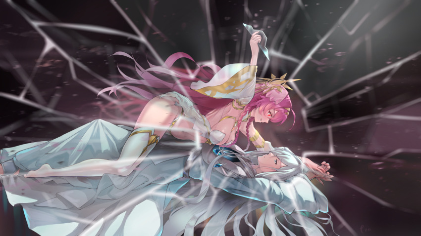 1boy 1girl absurdres breasts broken_glass detached_sleeves epic_seven full_body genesis_ras_(epic_seven) glass grey_hair highres holding jewelry large_breasts long_hair pendant pink_hair rass_elclare red_eyes tenebria_(epic_seven) tinkst white_sleeves witch_of_the_mere_tenebria_(epic_seven)