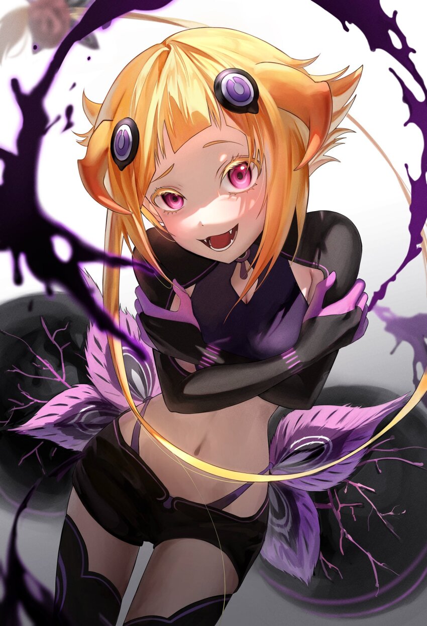 1girl blood blood_splatter blunt_bangs blush bodysuit breasts capella_emerada_lugnica clothing_cutout fangs hair_ornament harmonics0107 highres looking_at_viewer midriff multicolored_hair navel open_mouth purple_eyes re:zero_kara_hajimeru_isekai_seikatsu revealing_clothes short_shorts shorts skin_tight small_breasts solo thigh_gap thighhighs
