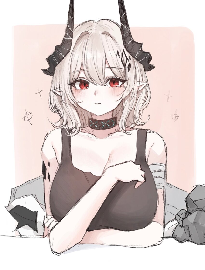 1girl arknights bare_shoulders black_horns blush border breasts cleavage closed_mouth collarbone commentary_request cross grey_hair hair_between_eyes highres horns hyeroin infection_monitor_(arknights) large_breasts looking_at_viewer material_growth medium_hair mudrock_(arknights) mudrock_(elite_ii)_(arknights) oripathy_lesion_(arknights) outside_border pink_background pointy_ears red_eyes simple_background sketch sleeveless solo upper_body white_border