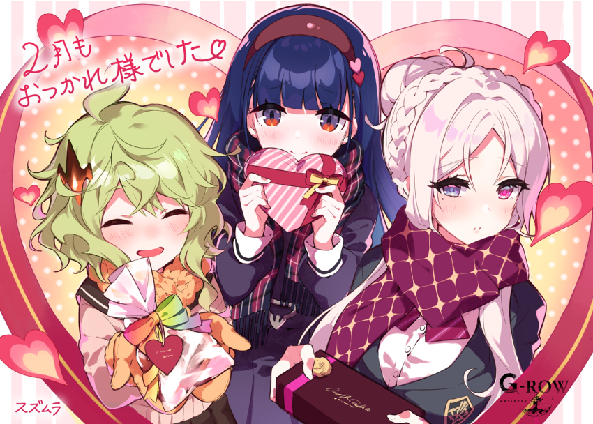 3girls artist_name blue_eyes blunt_bangs braid brown_hairband brown_sailor_collar closed_mouth commentary_request dress_shirt gift gjallarhorn_(phantom_of_the_kill) gleipnir_(phantom_of_the_kill) gloves green_hair hair_bun hairband heterochromia hlidskjalf holding holding_gift long_hair looking_at_viewer mole mole_under_eye multicolored_eyes multiple_girls official_art open_mouth orange_gloves orange_scarf parted_lips phantom_of_the_kill plaid_clothes plaid_scarf red_eyes sailor_collar scarf school_emblem school_uniform second-party_source serafuku shirt short_hair single_hair_bun suzumura_(gumi) two-tone_eyes valentine white_shirt