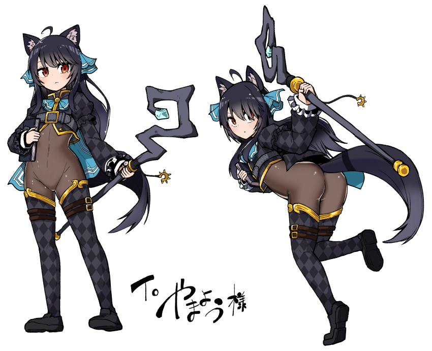 1girl ahoge animal_ear_fluff animal_ears argyle_clothes argyle_shirt argyle_thighhighs black_hair black_shrug blush bodystocking bodysuit book breasts brown_bodysuit cat_ears cat_girl chest_belt closed_mouth commentary_request commission commissioner_name detached_pants gold_trim hair_ribbon highres holding holding_book holding_staff long_hair long_sleeves looking_at_viewer mashio multiple_views red_eyes ribbon second-party_source shrug_(clothing) simple_background skeb_commission small_breasts staff standing svartlilja_(vrchat) tail vrchat
