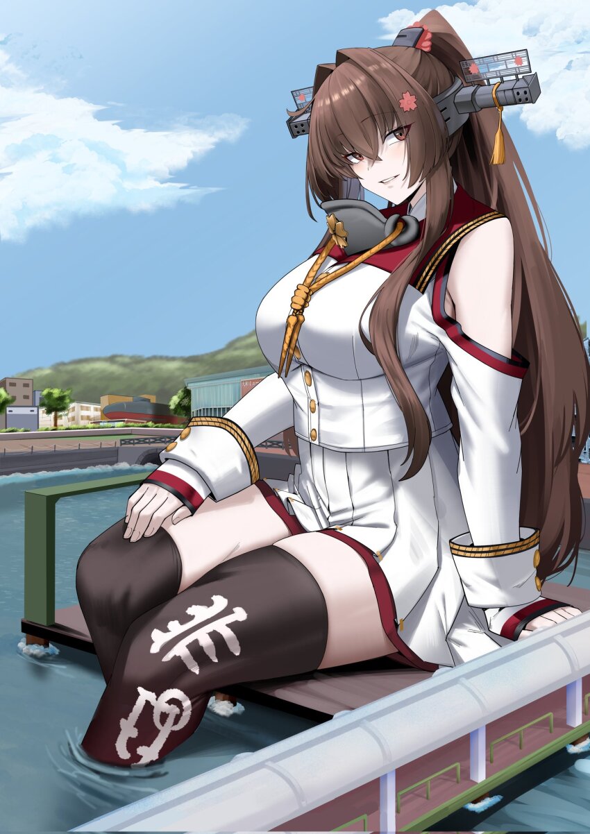 armpits black_socks breasts brown_hair cherry_blossoms city cliov commission dress flower giant giantess hair_flower hair_intakes hair_ornament headgear highres kantai_collection kneehighs large_breasts looking_at_viewer miniskirt off_shoulder open_mouth outdoors pleated_skirt ponytail port red_eyes sailor_collar second-party_source sitting skirt smile socks white_dress yamato_(kancolle) yamato_kai_ni_(kancolle)