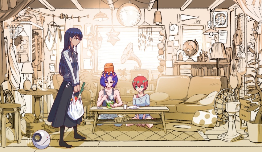 1boy 2girls amate_yuzuriha aqua_eyes bag black_hair blue_hair blush breasts closed_eyes collared_shirt commentary_request conch_(gundam) couch denim denim_shorts gundam gundam_gquuuuuux haro holding jacket kuroda_asaki long_hair long_sleeves multicolored_hair multiple_girls nyaan_(gundam_gquuuuuux) open_mouth pants purple_hair red_hair shirt short_hair short_sleeves shorts shuji_ito sitting skirt smile tank_top two-tone_hair wariza yellow_eyes