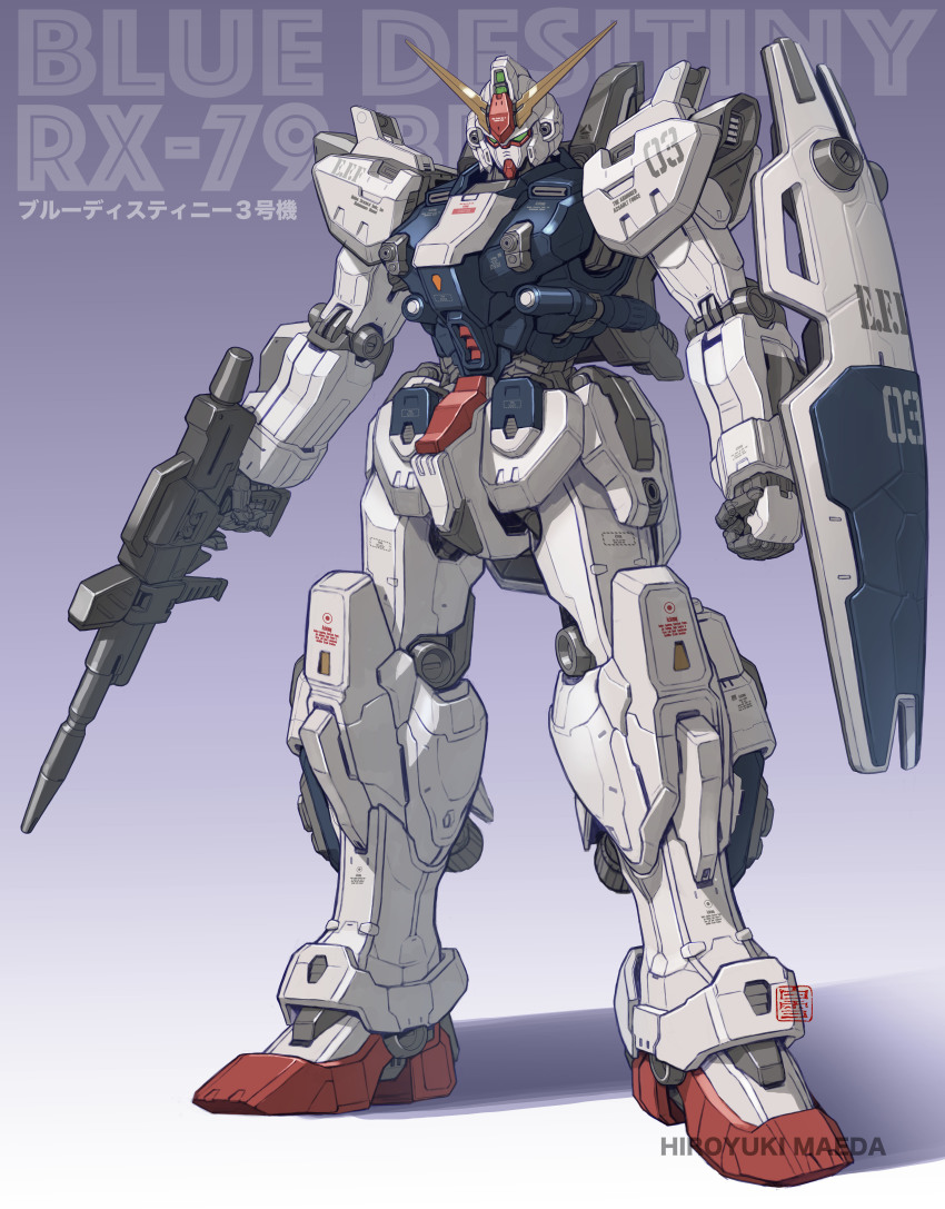 absurdres artist_name beam_rifle blue_destiny_03 character_name clenched_hand energy_gun full_body green_eyes gun gundam gundam_side_story:_the_blue_destiny highres holding holding_gun holding_weapon maeda_hiroyuki mobile_suit redesign science_fiction shadow shield solo standing v-fin weapon