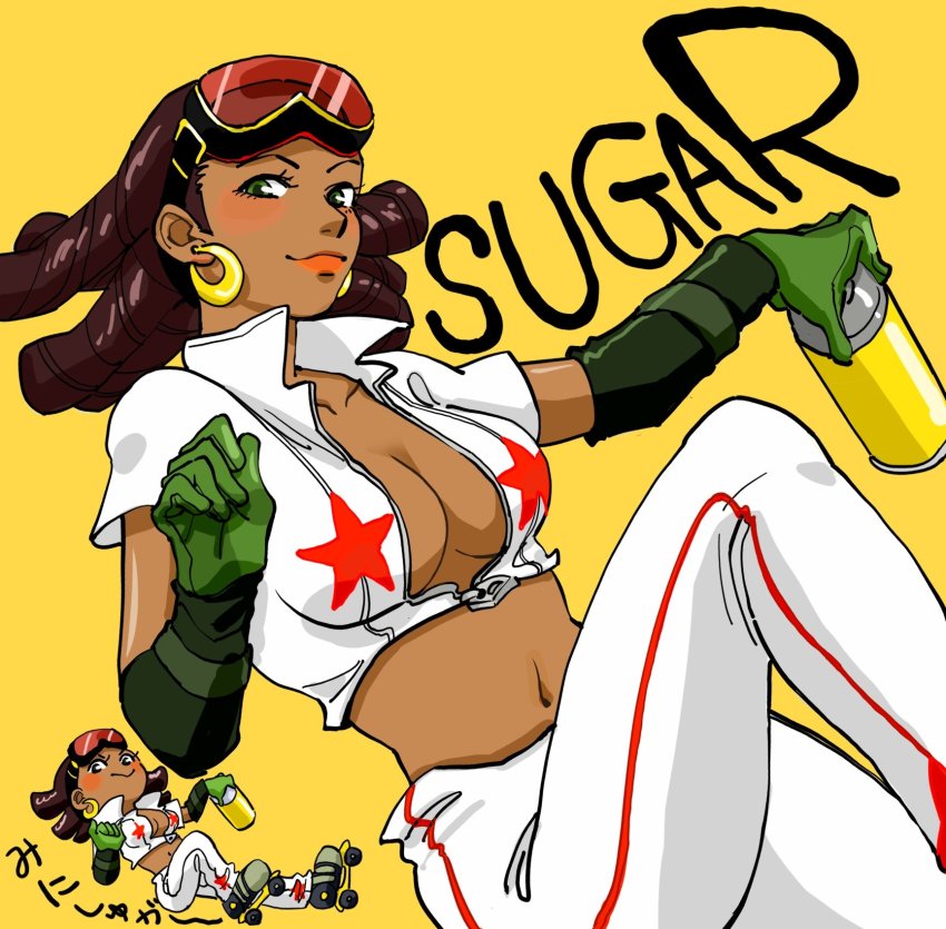 1girl blush breasts brown_eyes brown_hair chibi cleavage dark-skinned_female dark_skin drill_hair earrings gloves goggles goggles_on_head high_collar highres jet_set_radio jewelry large_breasts legs midriff navel open_clothes open_shirt piranha_(jsr) sega spray_can tanosigto3 thighs