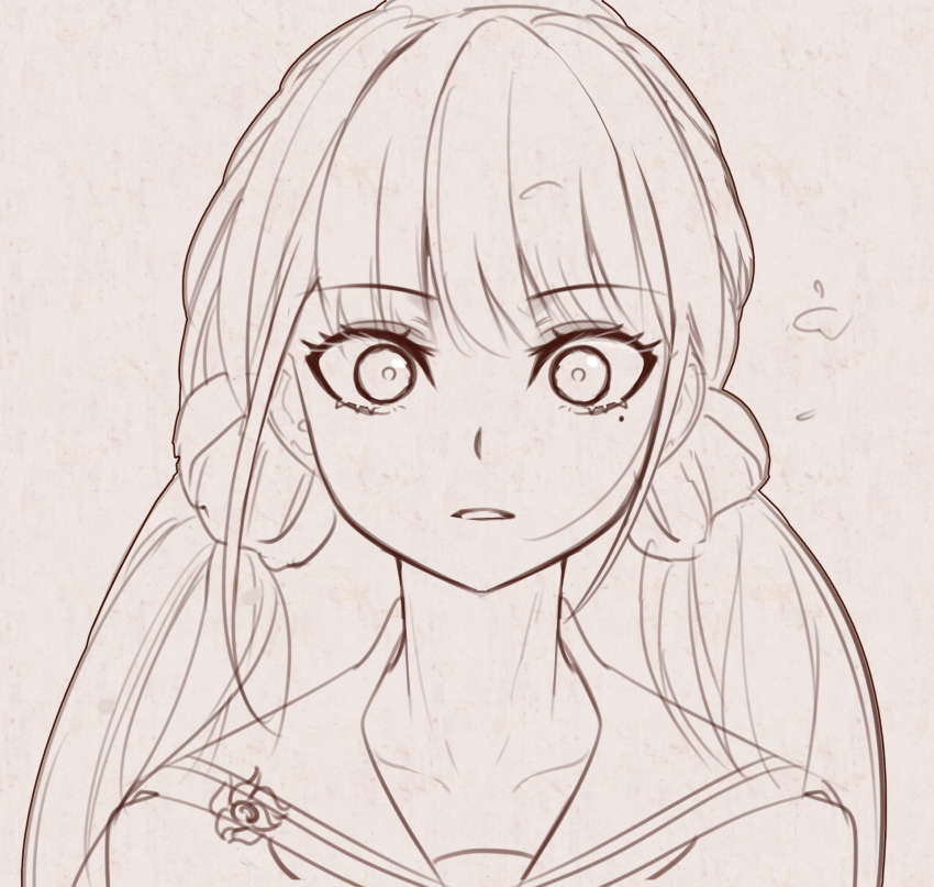 1girl blunt_bangs collarbone danganronpa_(series) danganronpa_v3:_killing_harmony gakkiyui1 greyscale hair_ornament hair_scrunchie harukawa_maki highres long_hair looking_at_viewer low_twintails mole mole_under_eye monochrome portrait sailor_collar scrunchie shirt solo twintails