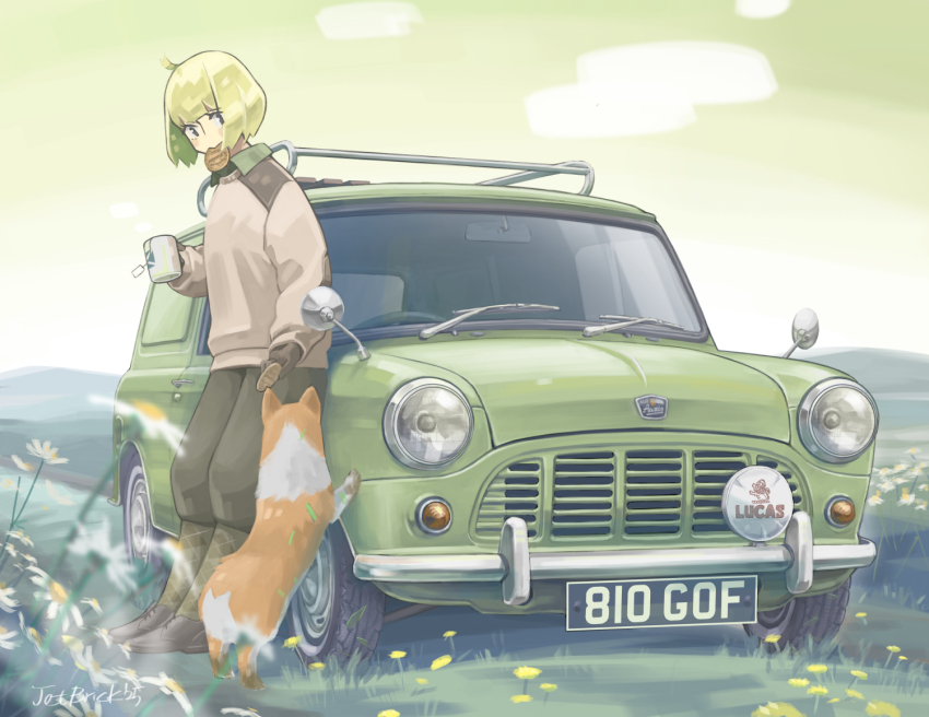 1girl black_pants brown_sweater car cup dog flower grass green_car green_sky holding holding_cup jettoburikku license_plate mini_cooper motor_vehicle mug original outdoors pants sky solo standing sweater welsh_corgi